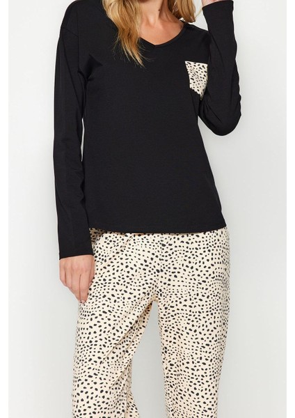 Kadın Moda V Yaka Boru Paça Uzun Kol %100 Pamuk Leopar Desenli Tshirt-Pantolon Örme Pijama Takımı