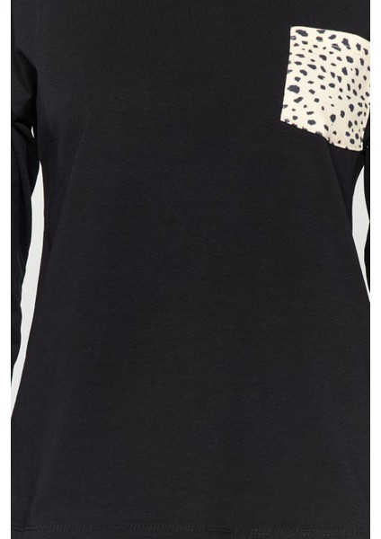 Kadın Moda V Yaka Boru Paça Uzun Kol %100 Pamuk Leopar Desenli Tshirt-Pantolon Örme Pijama Takımı