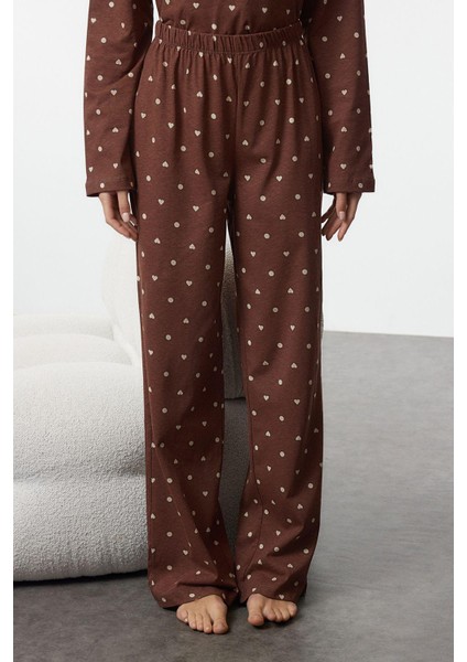 Kadın Moda Bisiklet Yaka Boru Paça Uzun Kol Pamuklu Puantiye ve Kalp Desenli Örme Pijama Takımı modelleri