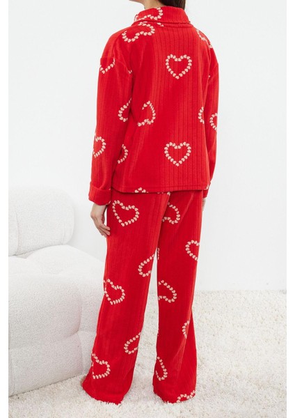 Kadın Moda Şık Şal Yaka Boru Paça Uzun Kol Kalpli Polar Kışlık Örme Pijama Takımı fırsatları