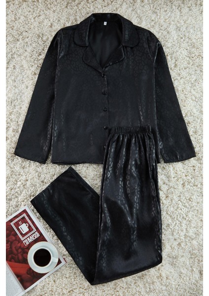 Kadın Moda Gömlek Yaka Boru Paça Uzun Kol Leopar Desenli Saten Gömlek Pantolon Dokuma Pijama Takımı