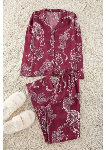 Kadın Moda Şık Gömlek Yaka Boru Paça Uzun Kol Kaplan Desenli Viskon Dokuma Pijama Takımı
