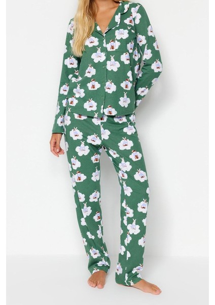 Kadın Gömlek Yaka Boru Paça Uzun Kol Pamuk Tavşan Desenli Gömlek-Pantolon Örme Pijama Takımı