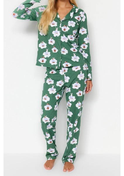 Kadın Gömlek Yaka Boru Paça Uzun Kol Pamuk Tavşan Desenli Gömlek-Pantolon Örme Pijama Takımı modelleri