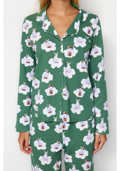 Kadın Gömlek Yaka Boru Paça Uzun Kol Pamuk Tavşan Desenli Gömlek-Pantolon Örme Pijama Takımı fırsatları