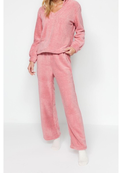 Kadın Moda Şık Kruvaze Boru Paça Uzun Kol Wellsoft Kapüşon Kulak Detaylı Kışlık Örme Pijama Takımı