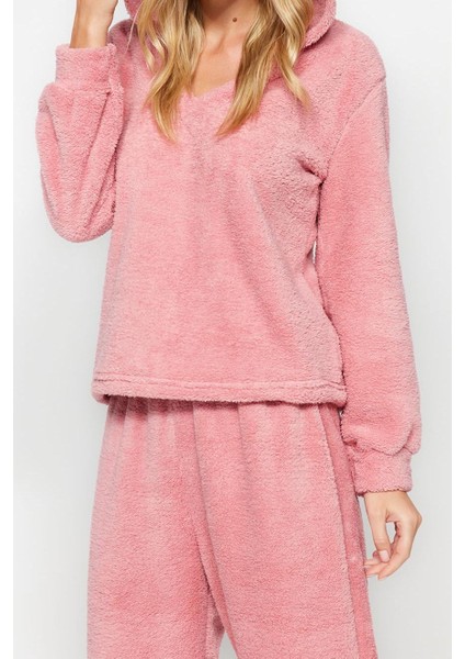 Kadın Moda Şık Kruvaze Boru Paça Uzun Kol Wellsoft Kapüşon Kulak Detaylı Kışlık Örme Pijama Takımı fiyatları