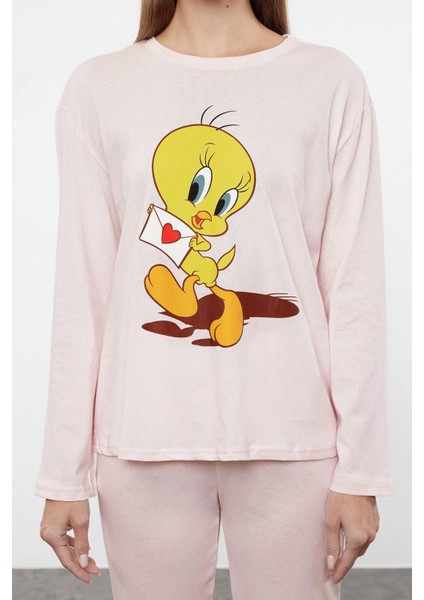 Kadın Moda Şık Bisiklet Yaka Geniş Paça Uzun Kol Tweety Pamuklu Örme Pijama Takımı