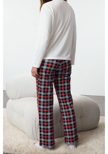 Kadın Moda Şık Bisiklet Yaka Boru Paça Uzun Kol Kadın Pamuklu Ekoseli Örme Pijama Takımı fırsatları