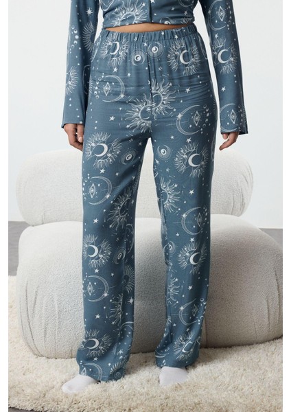 Kadın Moda Şık Gömlek Yaka Boru Paça Uzun Kol Kadın Galaksi Desenli Viskon Dokuma Pijama Takımı modelleri