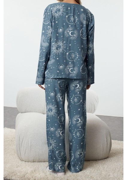 Kadın Moda Şık Gömlek Yaka Boru Paça Uzun Kol Kadın Galaksi Desenli Viskon Dokuma Pijama Takımı fırsatları