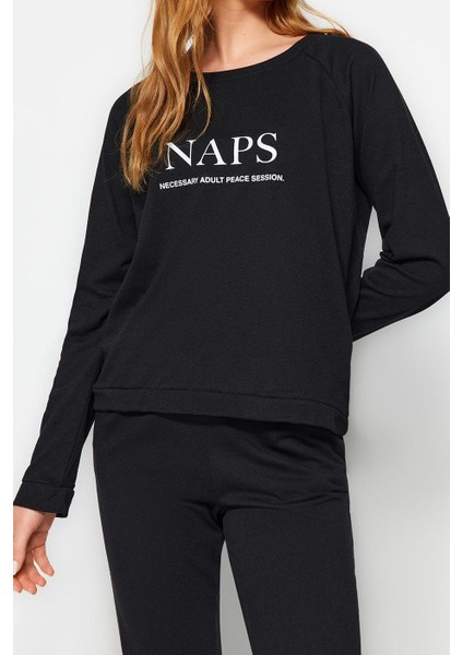 Kadın Moda Şık Bisiklet Yaka Lastikli Paça Uzun Kol T-Shirt-Jogger Örme Pijama Takımı