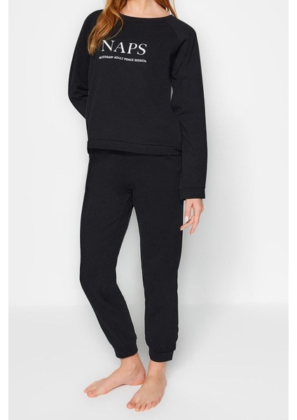 Kadın Moda Şık Bisiklet Yaka Lastikli Paça Uzun Kol T-Shirt-Jogger Örme Pijama Takımı