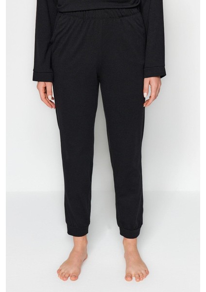 Kadın Moda Şık Bisiklet Yaka Lastikli Paça Uzun Kol T-Shirt-Jogger Örme Pijama Takımı
