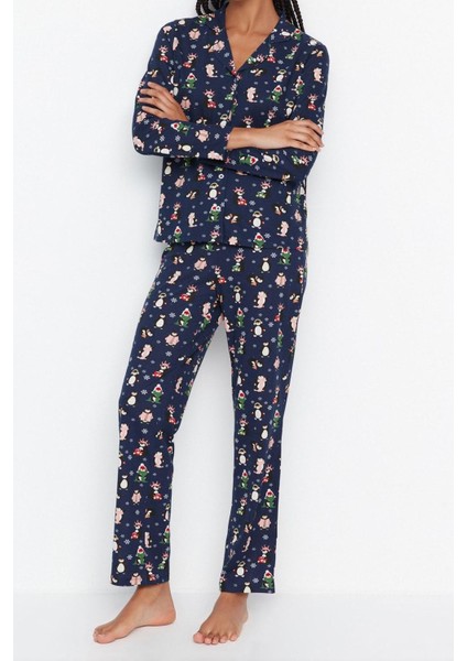 Kadın Moda Gömlek Yaka Boru Paça Uzun Kol Pamuk Penguen Desenli Kış Temalı Örme Pijama Takımı