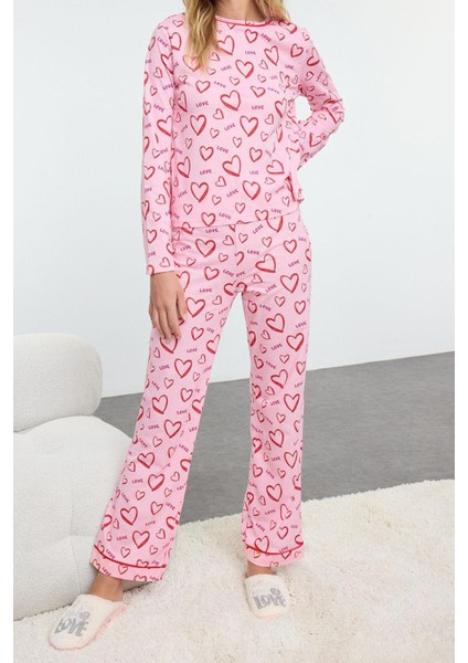 Kadın Moda Şık Bisiklet Yaka Geniş Paça Uzun Kol %100 Pamuklu Kalpli Biyeli Örme Pijama Takımı