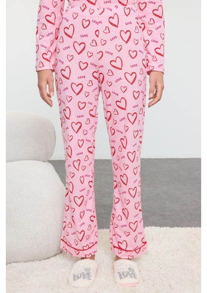 Kadın Moda Şık Bisiklet Yaka Geniş Paça Uzun Kol %100 Pamuklu Kalpli Biyeli Örme Pijama Takımı modelleri