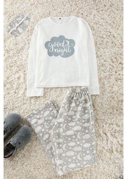 Kadın Moda Şık Bisiklet Yaka Boru Paça Uzun Kol Pamuklu Galaksi Desenli Örme Pijama Takımı