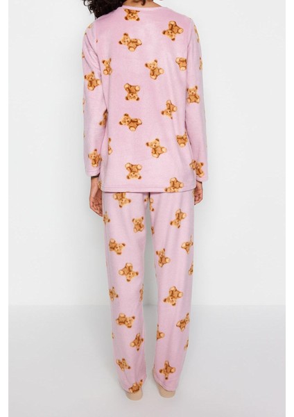 Kadın Moda Şık Bisiklet Yaka Boru Paça Uzun Kol Polar Ayıcık Desenli Kışlık Örme Pijama Takımı indirimleri