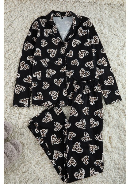 Kadın Geniş Paça Uzun Kol Pamuklu Leopar Kalp Desenli Gömlek Pantolon Örme Pijama Takımı