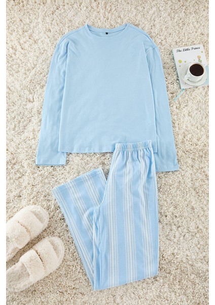 Kadın Moda Şık Bisiklet Yaka Boru Paça Uzun Kol Pamuklu Çizgili Örme Pijama Takımı