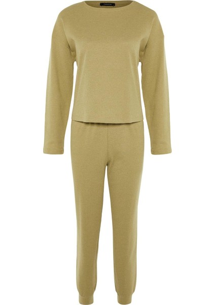 Kadın Moda Şık Bisiklet Yaka Boru Paça Uzun Kol Waffle Kumaş Örme Pijama Takımı