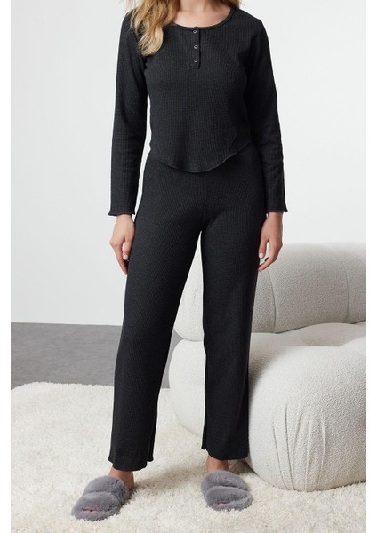 Kadın Moda Şık U Yaka Geniş Paça Uzun Kol Waffle Kumaş Örme Pijama Takımı