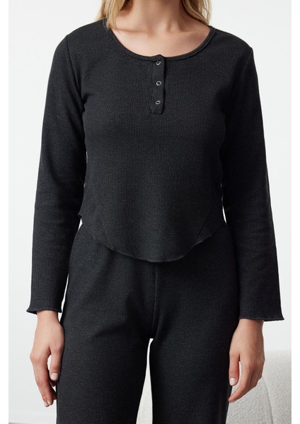 Kadın Moda Şık U Yaka Geniş Paça Uzun Kol Waffle Kumaş Örme Pijama Takımı