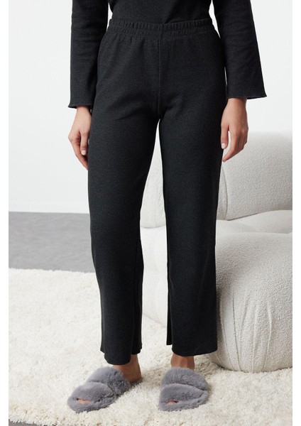 Kadın Moda Şık U Yaka Geniş Paça Uzun Kol Waffle Kumaş Örme Pijama Takımı