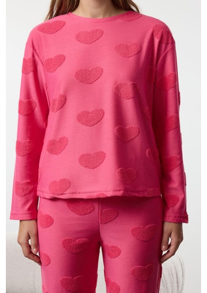 Kadın Moda Şık Bisiklet Yaka Boru Paça Uzun Kol Kalpli Örme Pijama Takımı fiyatları