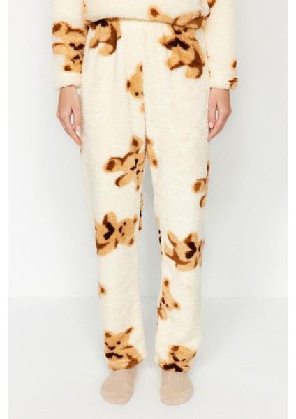 Kadın Moda Şık Bisiklet Yaka Boru Paça Uzun Kol Ekru Ayıcıklı Wellsoft Kışlık Örme Pijama Takımı