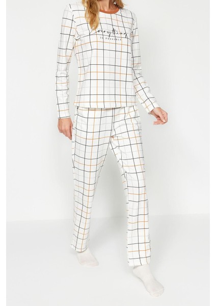 Kadın Moda Bisiklet Yaka Boru Paça Uzun Kol Pamuk Ekoseli Tshirt-Pantolon Örme Pijama Takımı