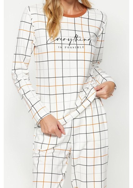 Kadın Moda Bisiklet Yaka Boru Paça Uzun Kol Pamuk Ekoseli Tshirt-Pantolon Örme Pijama Takımı modelleri