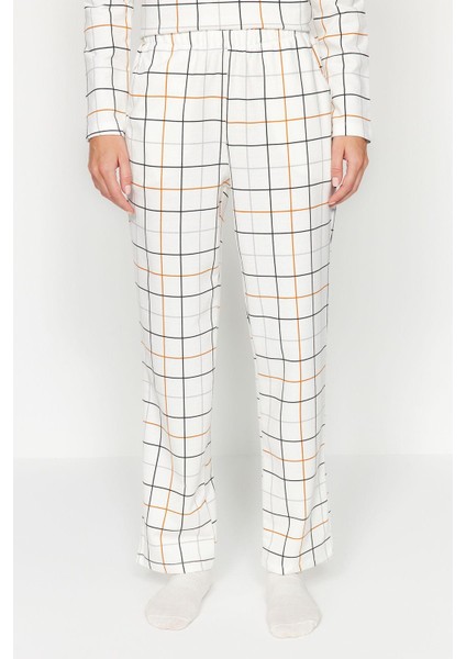 Kadın Moda Bisiklet Yaka Boru Paça Uzun Kol Pamuk Ekoseli Tshirt-Pantolon Örme Pijama Takımı indirimleri