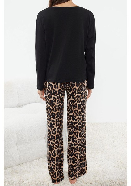 Kadın Moda Şık Bisiklet Yaka Geniş Paça Uzun Kol Pamuklu Leopar Desenli Örme Pijama Takımı