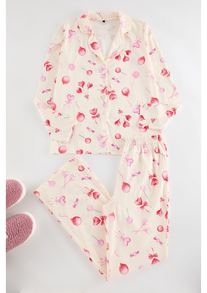 Kadın Moda Şık Gömlek Yaka Geniş Paça Uzun Kol %100 Pamuklu Kalpli Örme Pijama Takımı