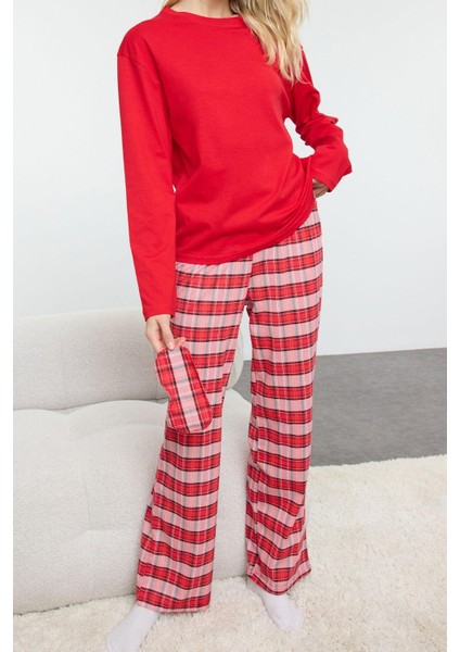 Kadın Moda Şık Bisiklet Yaka Boru Paça Uzun Kol Pamuklu Ekoseli Uyku Bantlı Örme Pijama Takımı