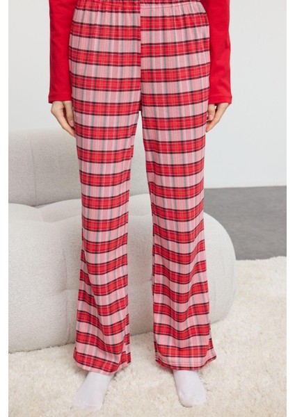 Kadın Moda Şık Bisiklet Yaka Boru Paça Uzun Kol Pamuklu Ekoseli Uyku Bantlı Örme Pijama Takımı fiyatları