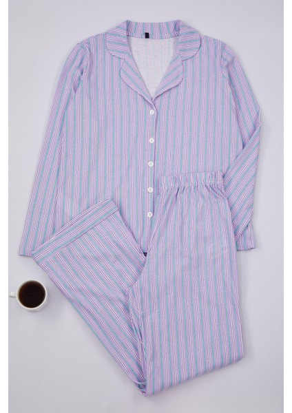 Kadın Moda Gömlek Yaka Boru Paça Uzun Kol %100 Pamuklu Çizgili Gömlek-Pantolon Örme Pijama Takımı