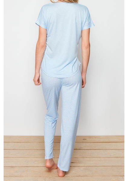 Kadın Moda Şık Bisiklet Yaka Boru Paça Kısa Kol Pötikare ve Baskılı Örme Pijama Takımı