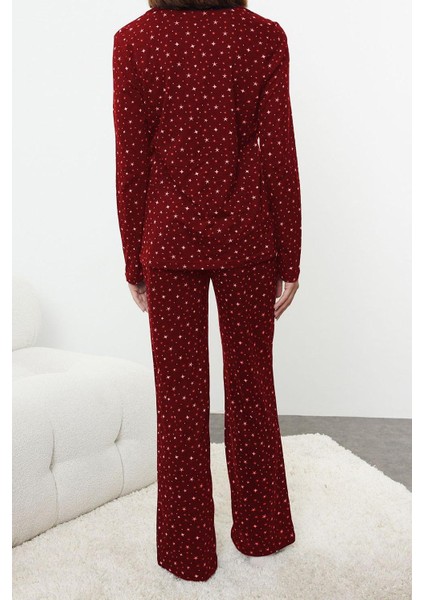 Kadın Moda Şık Gömlek Yaka Geniş Paça Uzun Kol %100 Pamuklu Galaksi Desenli Örme Pijama Takımı