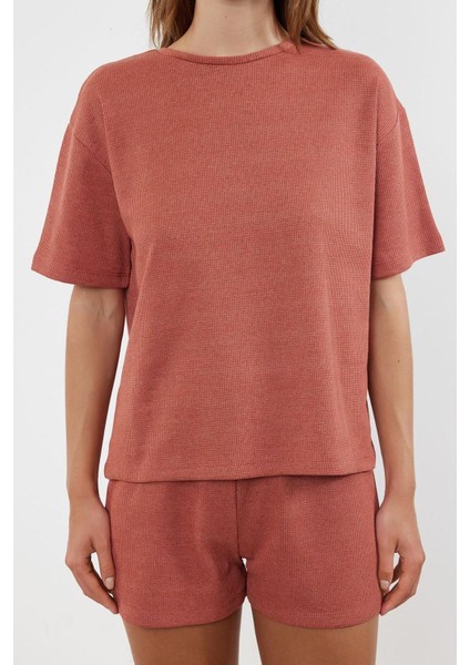 Kadın Moda Şık Bisiklet Yaka Boru Paça Kısa Kol Waffle Kumaş Örme Pijama Takımı