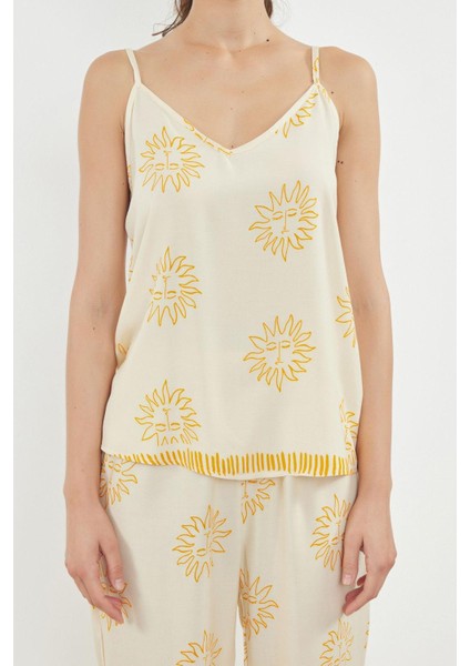 Kadın Moda Şık V Yaka Boru Paça Uzun Kol Güneş Desenli Ip Askılı Viskon Dokuma Pijama Takımı