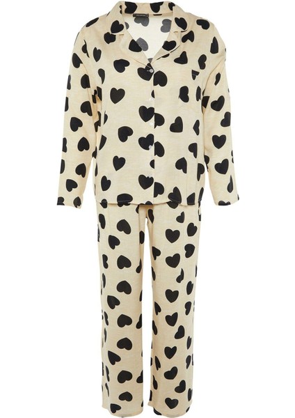 Kadın Moda Şık Büyük Beden Gömlek Yaka Boru Paça Uzun Kol Kalpli Dokuma Pijama Takımı