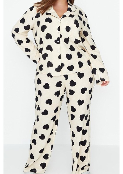 Kadın Moda Şık Büyük Beden Gömlek Yaka Boru Paça Uzun Kol Kalpli Dokuma Pijama Takımı fiyatları