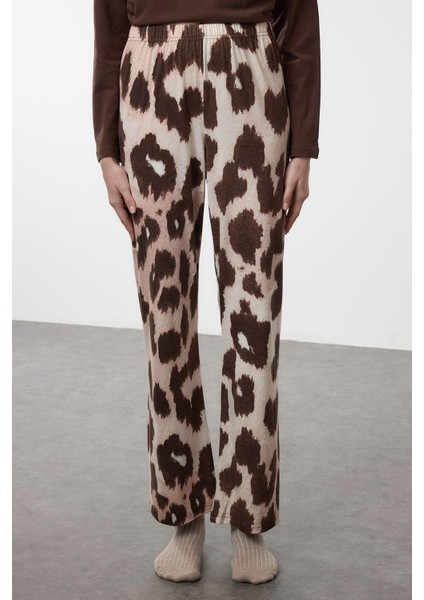 Kadın Moda Şık Bisiklet Yaka Geniş Paça Uzun Kol Pamuklu Leopar Desenli Örme Pijama Takımı fırsatları
