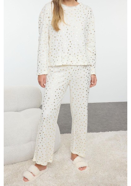 Kadın Moda Şık Bisiklet Yaka Geniş Paça Uzun Kol Varak Yıldız Baskılı Örme Pijama Takımı