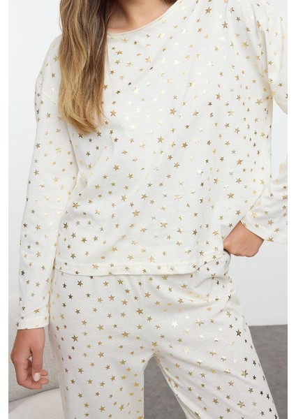 Kadın Moda Şık Bisiklet Yaka Geniş Paça Uzun Kol Varak Yıldız Baskılı Örme Pijama Takımı