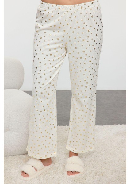 Kadın Moda Şık Bisiklet Yaka Geniş Paça Uzun Kol Varak Yıldız Baskılı Örme Pijama Takımı