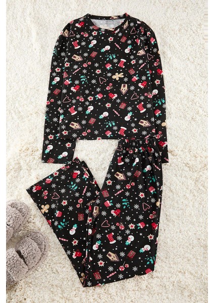 Kadın Moda Şık Bisiklet Yaka Boru Paça Uzun Kol Pamuklu Yılbaşı Temalı Örme Pijama Takımı